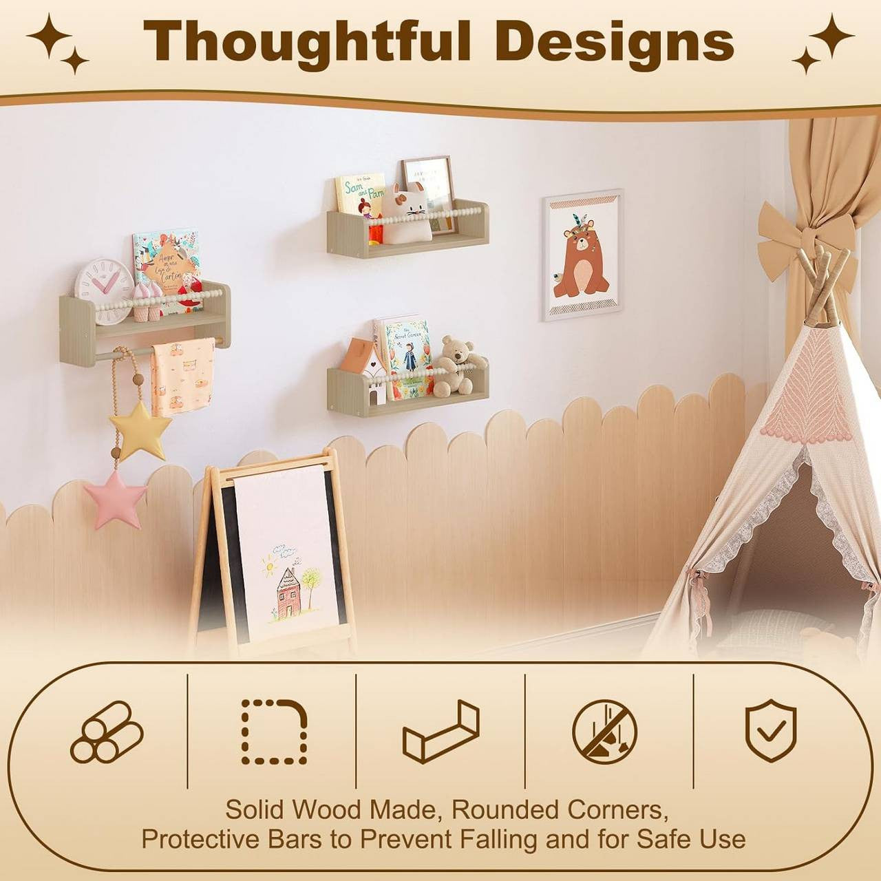 WOLTU 3-Piece Solid Pine Wood Floating Wall Shelves for Kids' Books & Toys