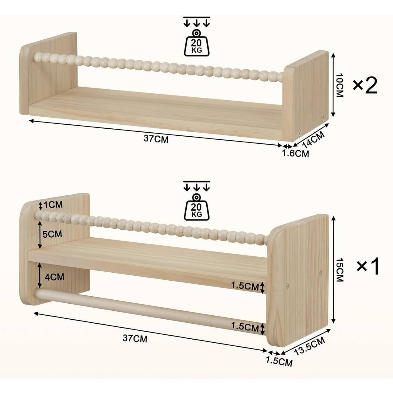 WOLTU 3-Piece Solid Pine Wood Floating Wall Shelves for Kids' Books & Toys