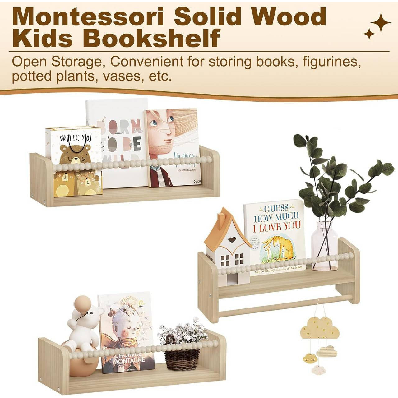 WOLTU 3-Piece Solid Pine Wood Floating Wall Shelves for Kids' Books & Toys