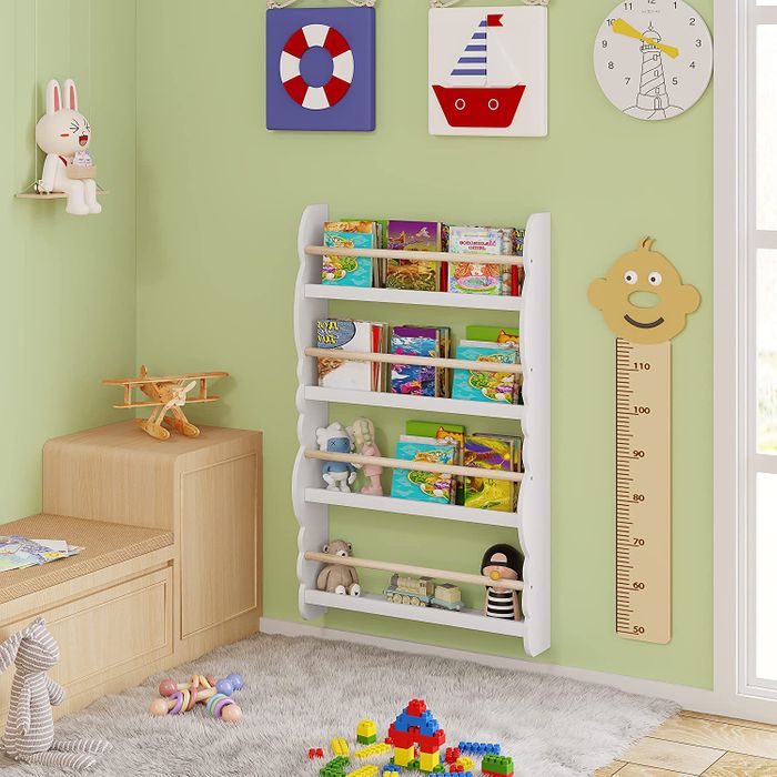 WOLTU Wall-Mounted 4-Tier Kids Wooden Bookshelf - Safe, Space-Saving Storage