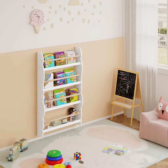WOLTU Wall-Mounted 4-Tier Kids Wooden Bookshelf - Safe, Space-Saving Storage