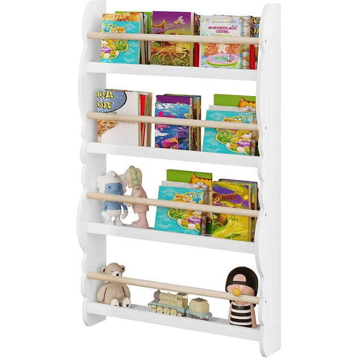 WOLTU Wall-Mounted 4-Tier Kids Wooden Bookshelf - Safe, Space-Saving Storage