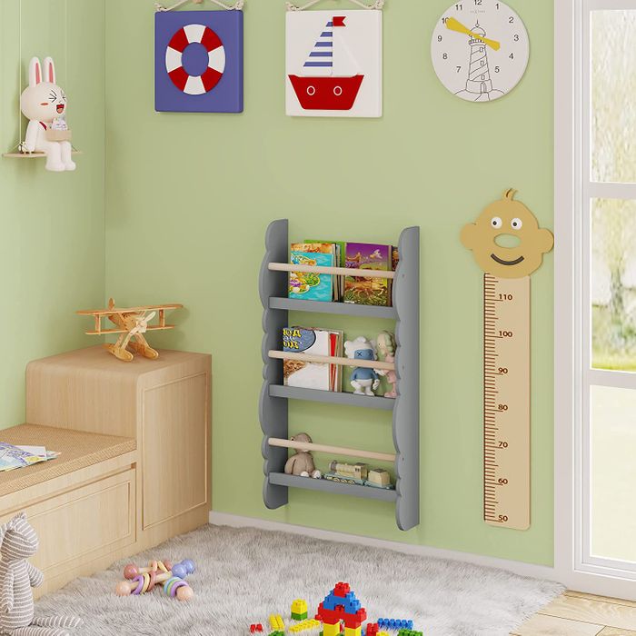 Versatile Grey Wooden Wall-Mounted 3-Tier Bookshelf for Kids' Books and Toys