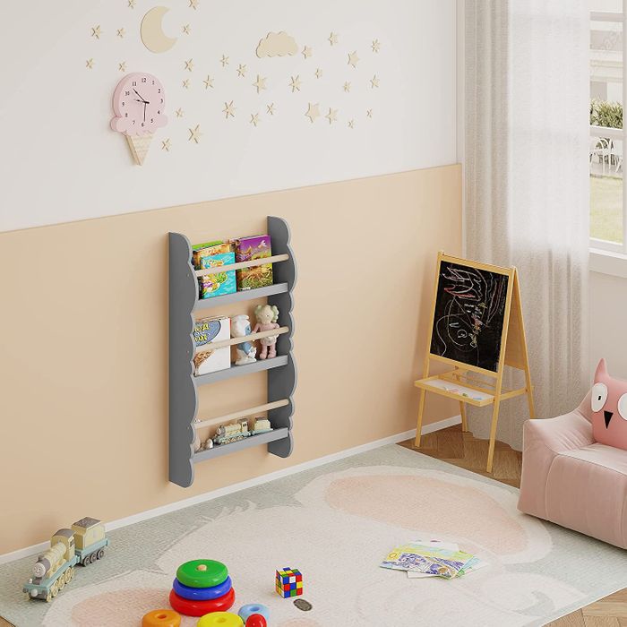 Versatile Grey Wooden Wall-Mounted 3-Tier Bookshelf for Kids' Books and Toys