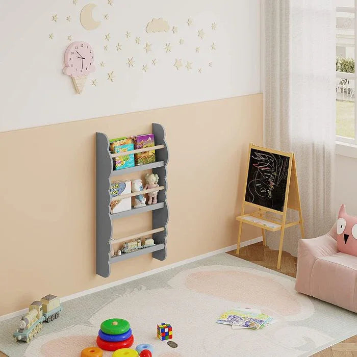 Versatile Grey Wooden Wall-Mounted 3-Tier Bookshelf for Kids' Books and Toys - Gomix Brands Outlet