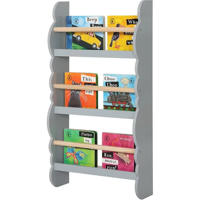 Versatile Grey Wooden Wall-Mounted 3-Tier Bookshelf for Kids' Books and Toys - Gomix Brands Outlet