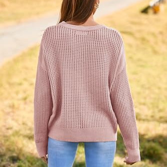 GRACE KARIN Women's Pink Crochet Oversized Pullover Sweater with Long Sleeves