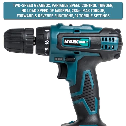 MYLEK 18V Cordless Drill with 13-Piece Kit and LED Light