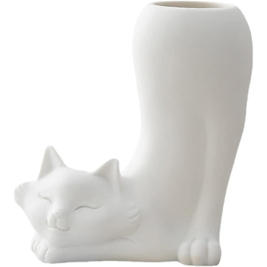 White Ceramic Cat-Shaped Vase – Cute Animal Design for Home Décor