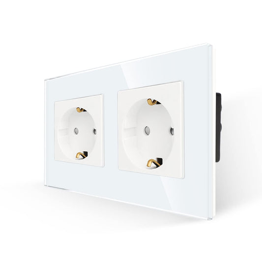 White 16A Glass Schuko Double Socket - Recessed Protective Outlet