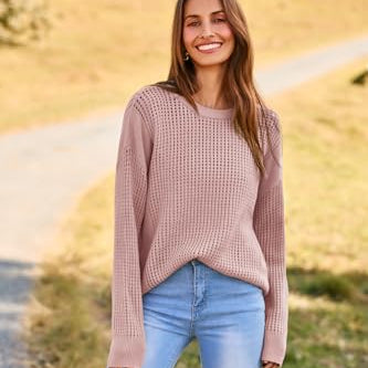 GRACE KARIN Women's Pink Crochet Oversized Pullover Sweater with Long Sleeves