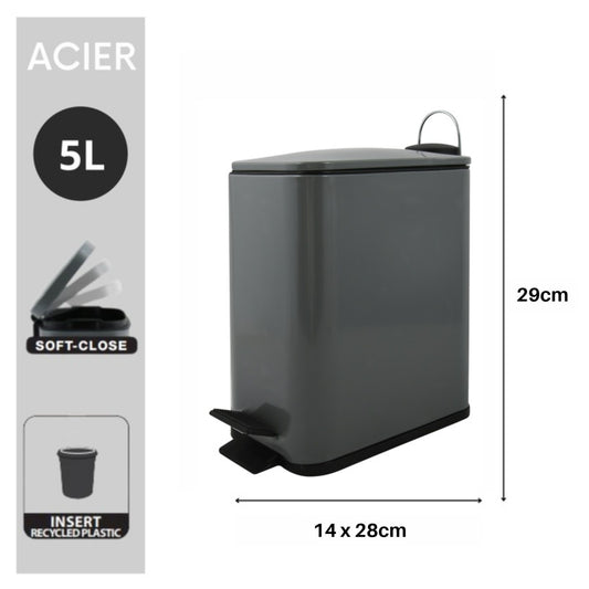 Spirella ERIK 5L Matt Gray Stainless Steel Soft-Close Pedal Bin