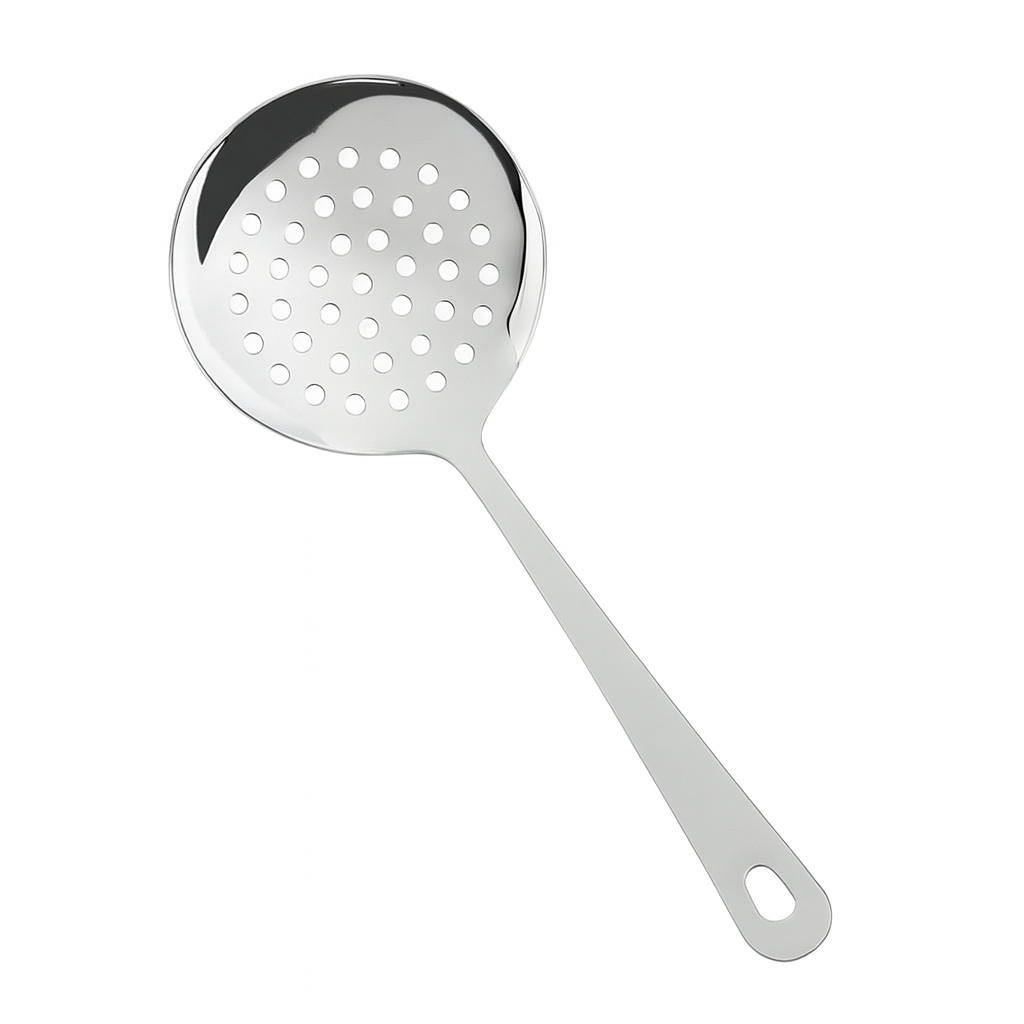 Metallic skimmer spoon with perforated design on a white background