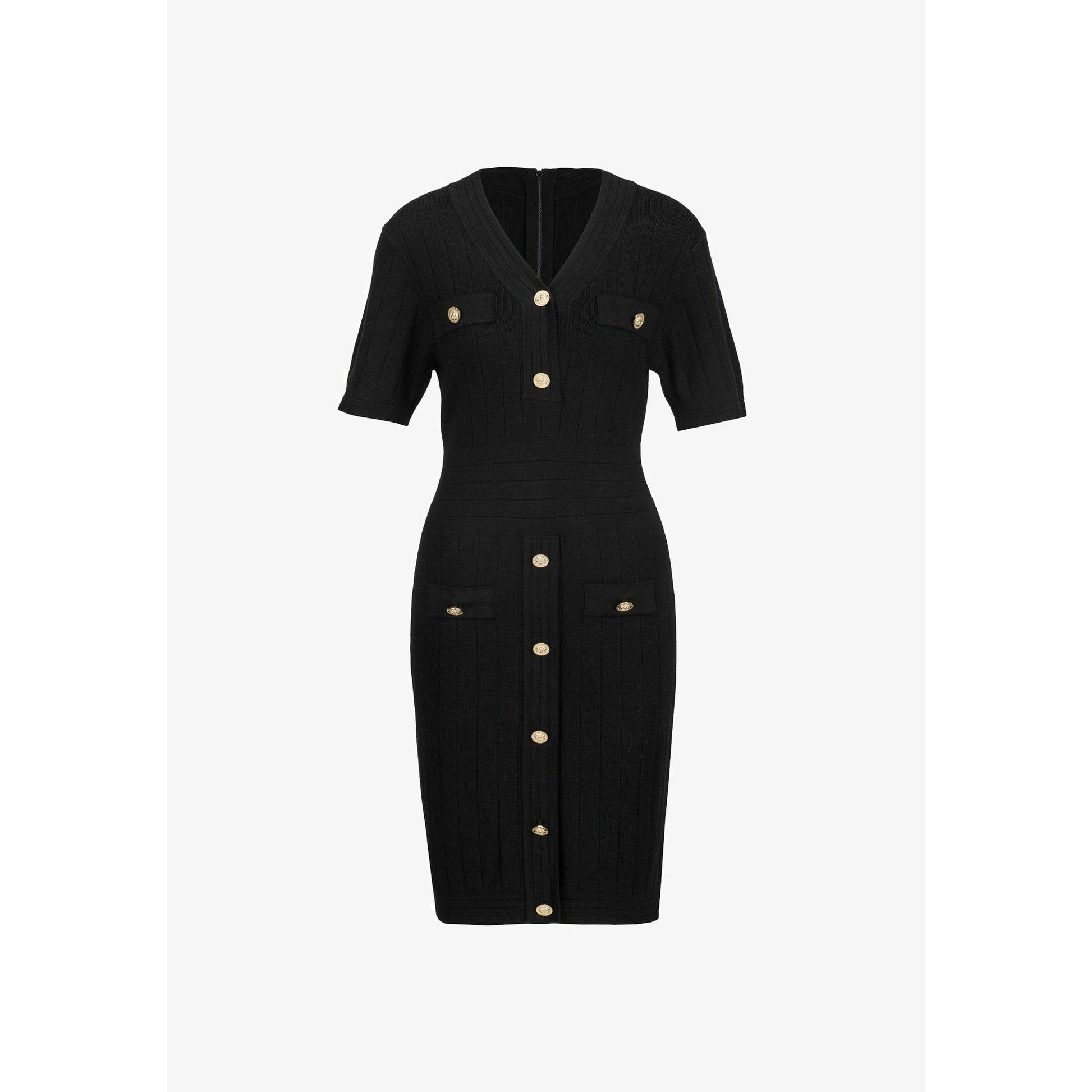 19V69 Italia Black Ribbed Knit Mini Jumper Dress with V-Neck and Buttons