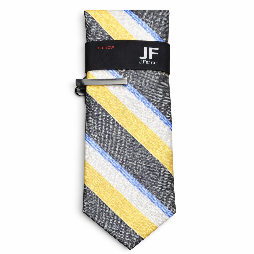 J.Ferrar Narrow Striped Tie in Yellow, Gray, and Blue