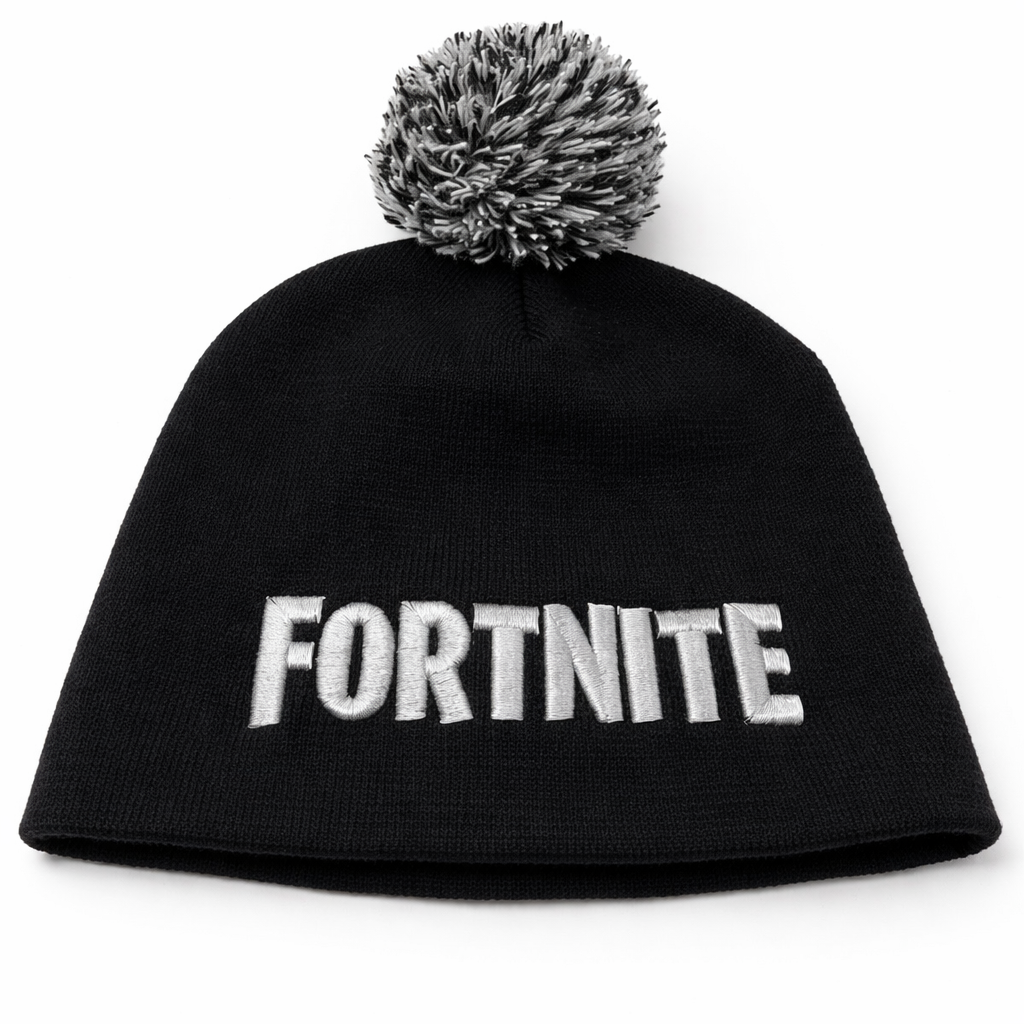 Fortnite Boy's Beanie with Pom T-Shirt, Black