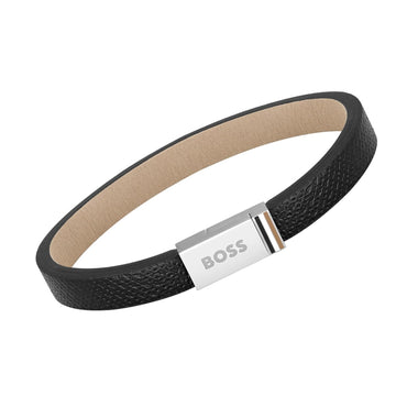 BOSS JACE Men's Stainless Steel & Black Leather Bracelet