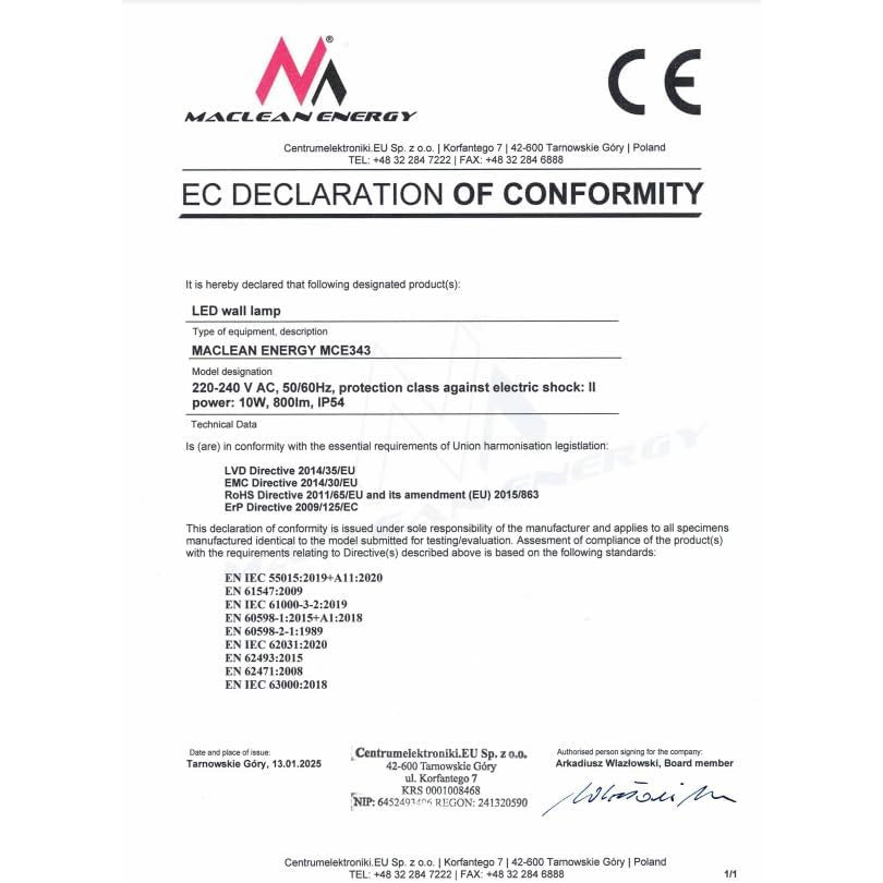 Maclean MCE343 Facade LED Lamp 800lm 10W IP54 Outdoor Wall Lamp Energy Saving Gray