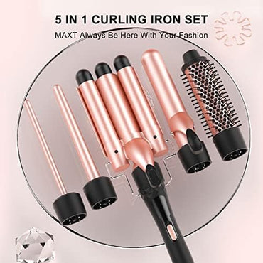 MAX-T 5-in-1 Interchangeable Curling Wand Set with Ceramic Tourmaline Barrels