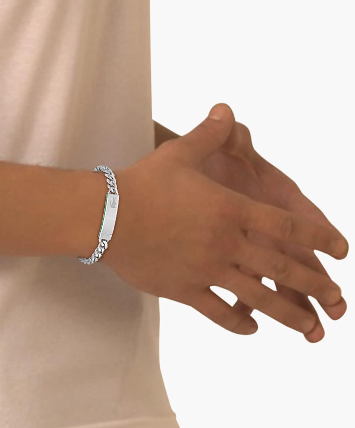 Lacoste Baseline Men's Stainless Steel Link Bracelet with Signature Green Stripe