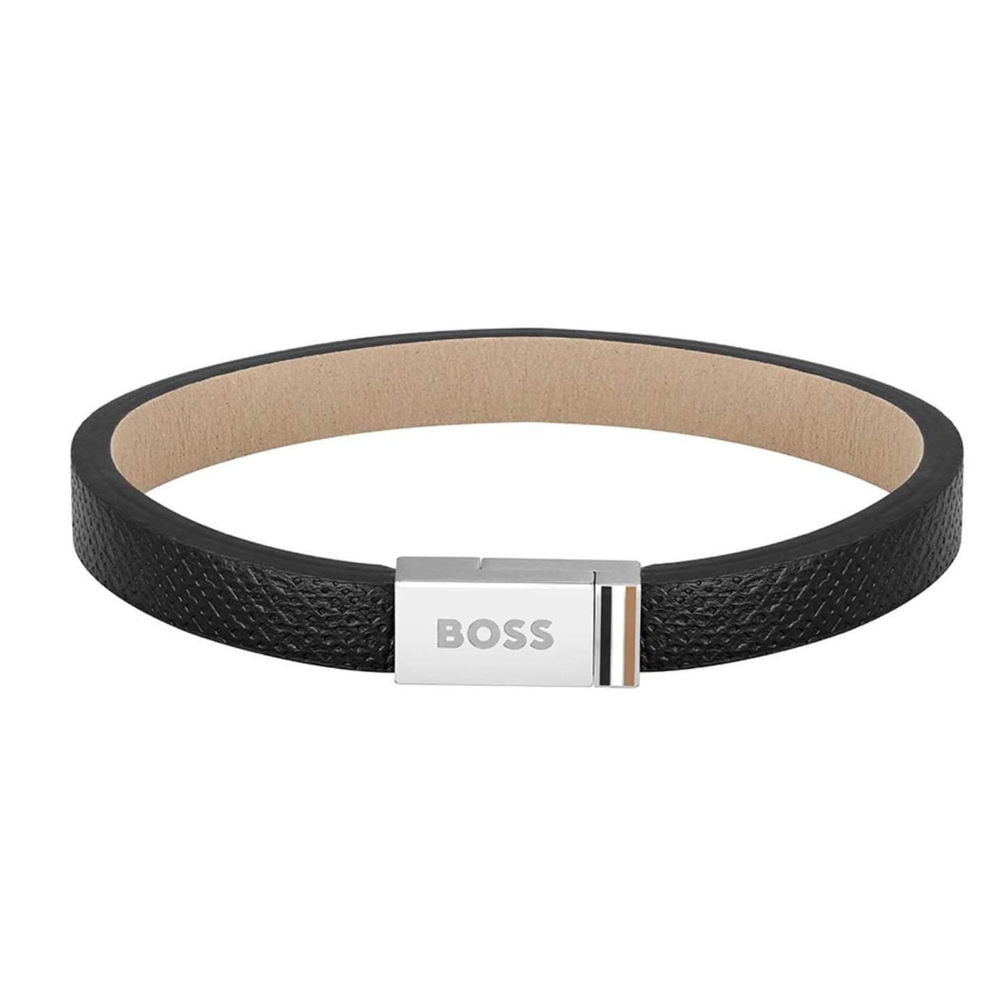 BOSS JACE Men's Stainless Steel & Black Leather Bracelet
