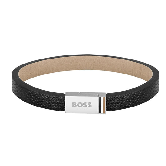 BOSS JACE Men's Stainless Steel & Black Leather Bracelet