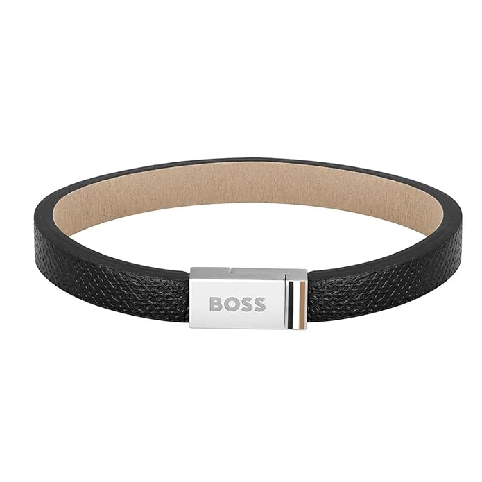 BOSS JACE Men's Stainless Steel & Black Leather Bracelet