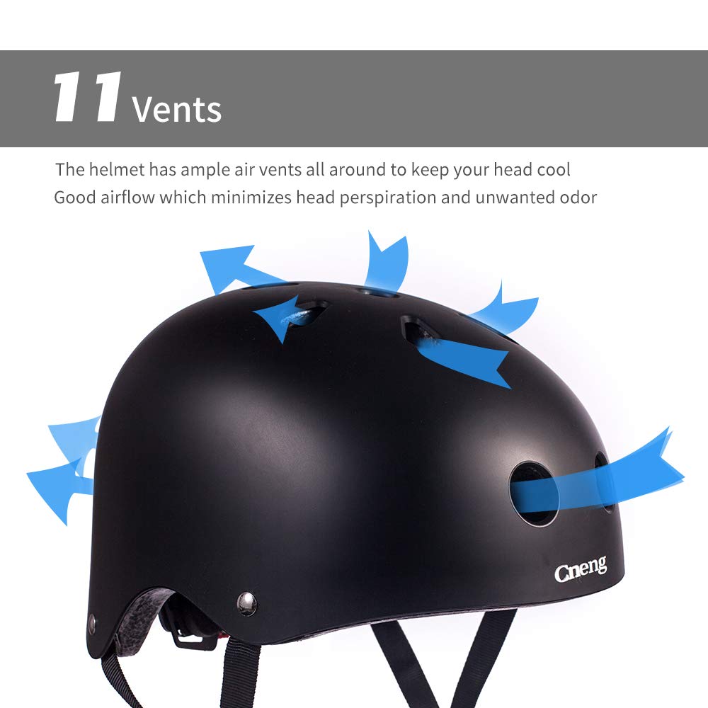 Cneng Adjustable Matte Black Skateboard Helmet for Adults