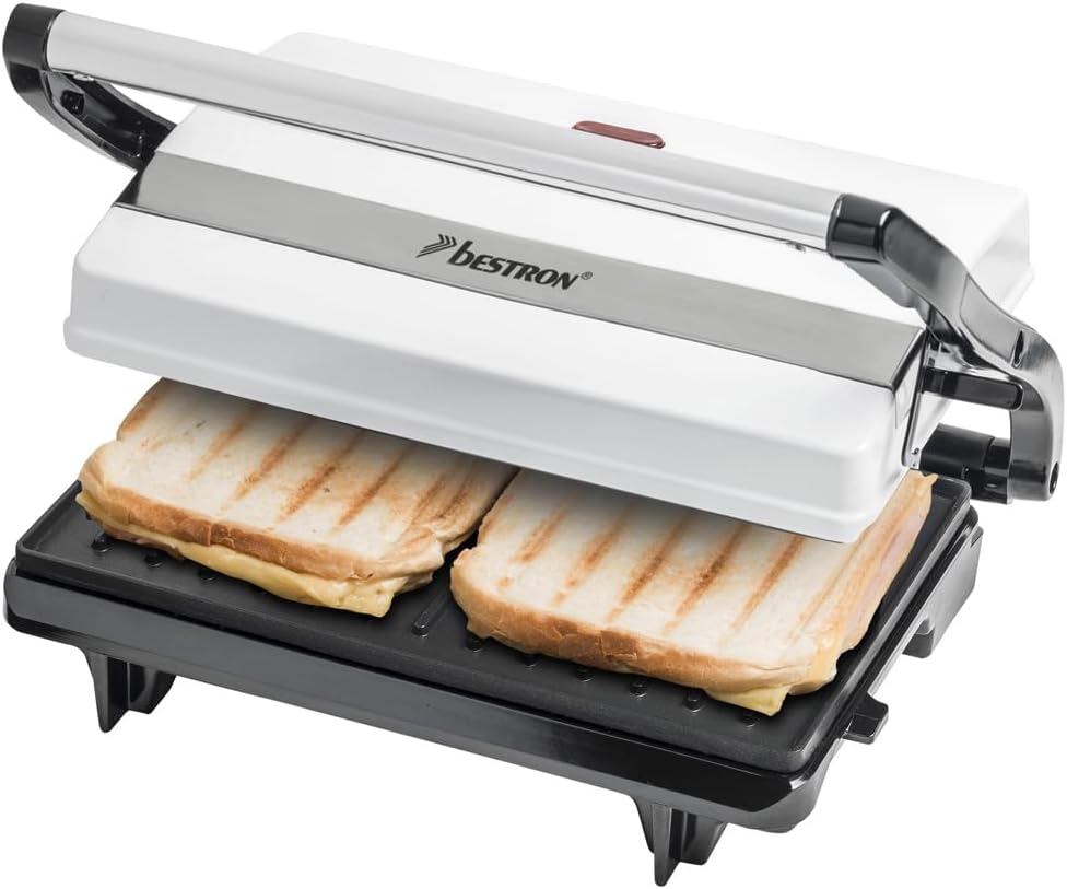 Bestron Contact Grill with Crumb Tray, 700W Panini & Sandwich Maker - White