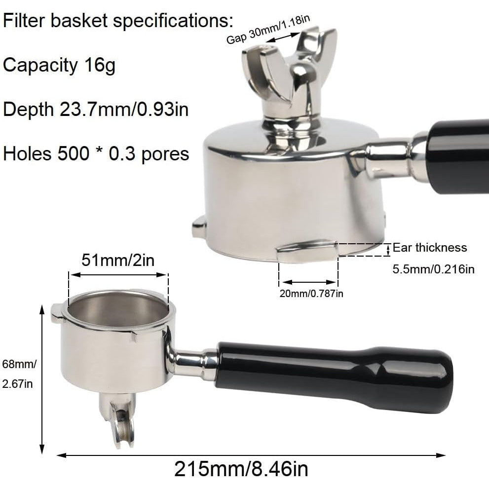 CAPFEI 51mm Triple-Ear Double Spout Portafilter for DeLonghi Dedica Black