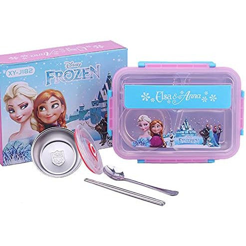 Frozen Kids Bento Lunch Box with Tableware, 4-Compartment Insulated Stainless Steel