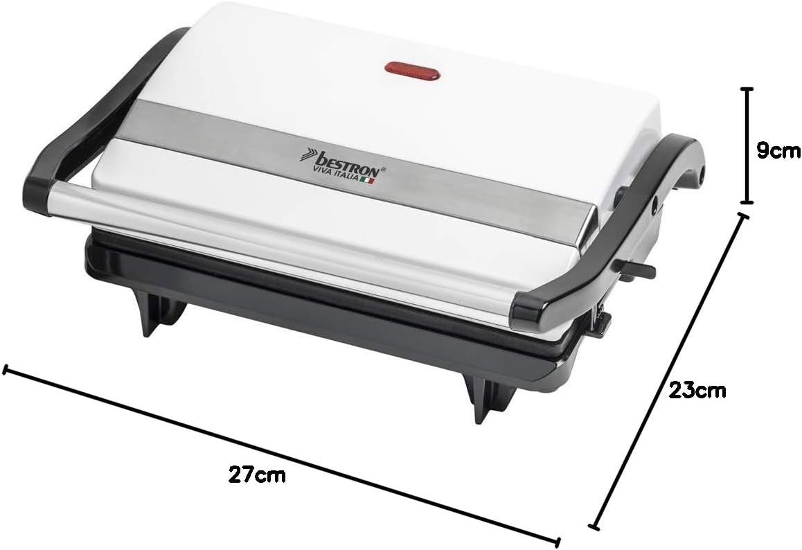 Bestron Contact Grill with Crumb Tray, 700W Panini & Sandwich Maker - White