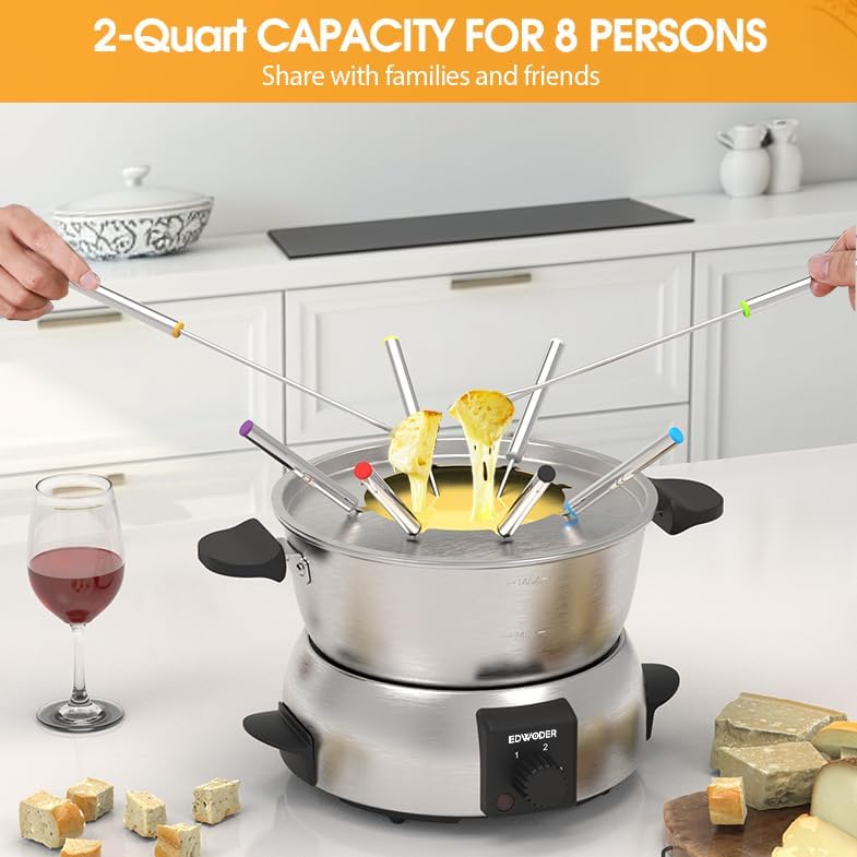 Fondue pot with cheese and bread being dipped, surrounded by a glass of wine and cheese cubes on a kitchen counter.