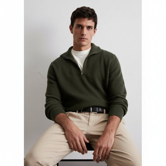 Cozy Men's Organic Cotton Bi-Color Troyer Pullover with Stylish Half-Zip