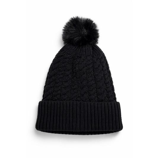 Women faux fur pom pom Beanie Hat Black with Front Glitterw