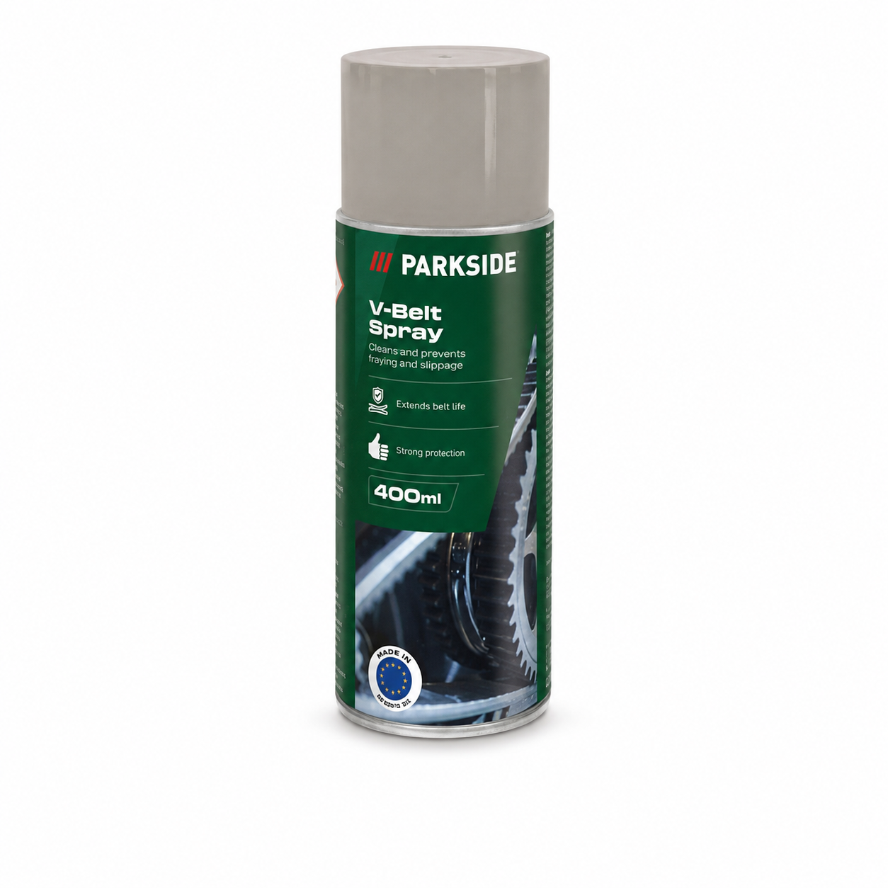 A can of PARKSIDE V-Belt Spray oil change lubricant, featuring a dark green label with white text and a gray cap, set against a plain white background.