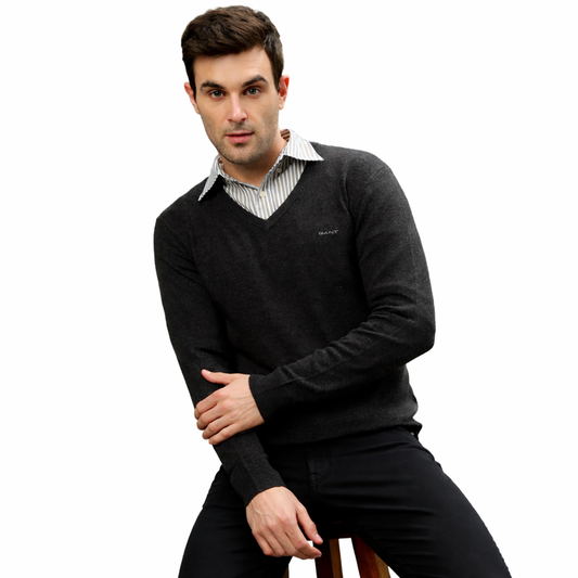 GANT Men Charcoal Solid V-Neck Full Sleeves Sweater