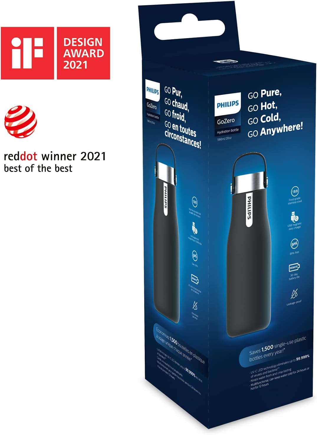 Philips GoZero Smart UV Bottle – Black 590ml Stainless Steel