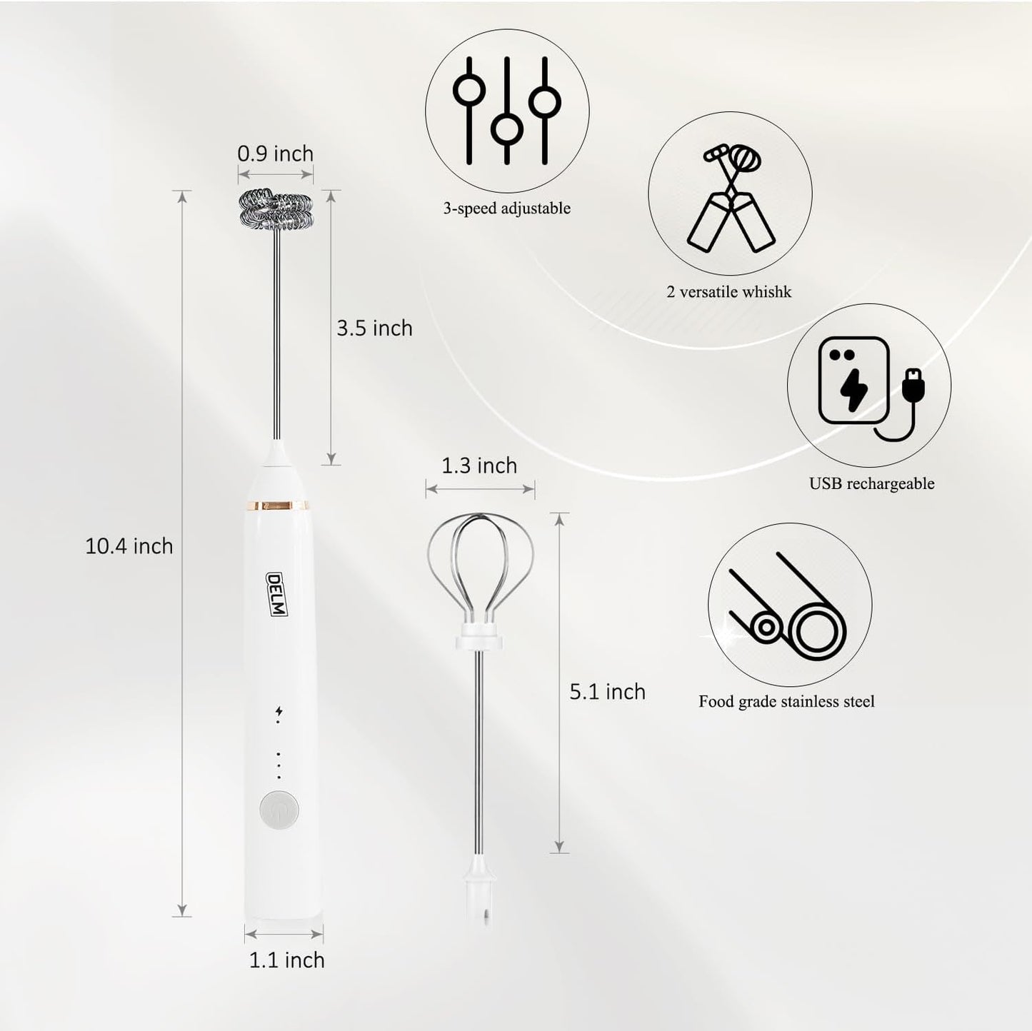 Delm Stainless Steel USB Electric Milk Frother Wand for Lattes & Cappuccinos