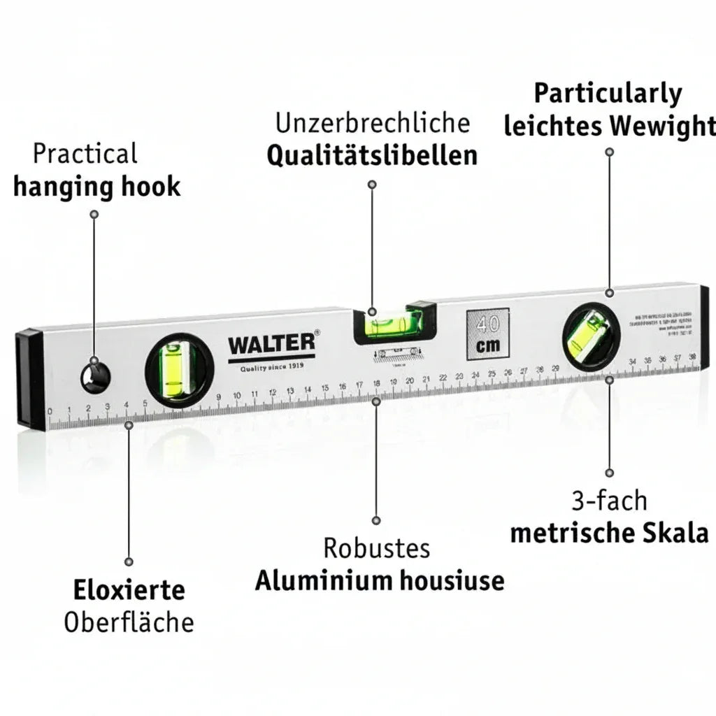 WALTER 4-Piece Aluminum Spirit Level Set: 40, 60, 100cm, Mini Level - Gomix Brands Outlet
