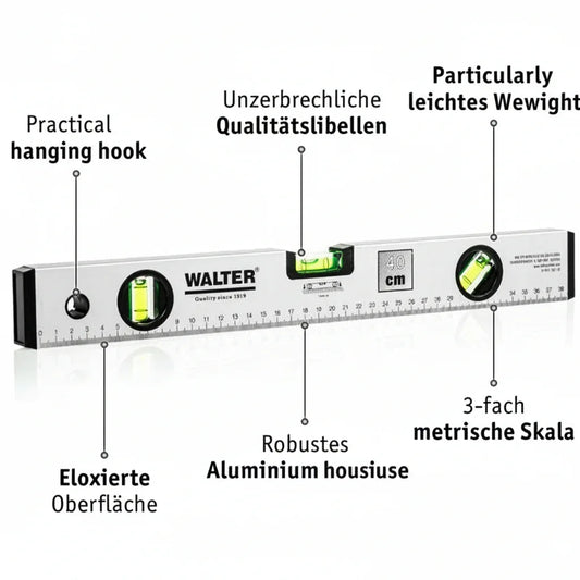 WALTER 4-Piece Aluminum Spirit Level Set: 40, 60, 100cm, Mini Level - Gomix Brands Outlet