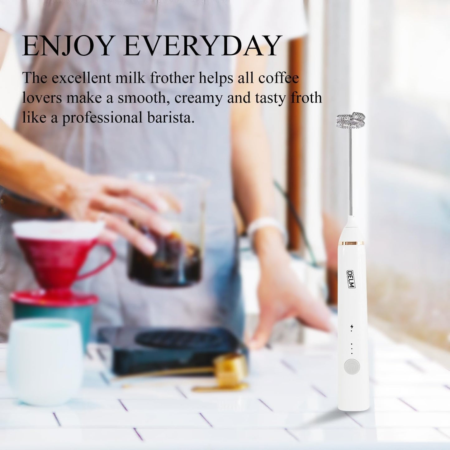 Delm Stainless Steel USB Electric Milk Frother Wand for Lattes & Cappuccinos