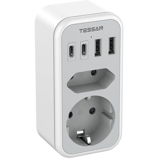 TESSAN 6-in-1 Double Plug Power Adapter with USB-C Grey