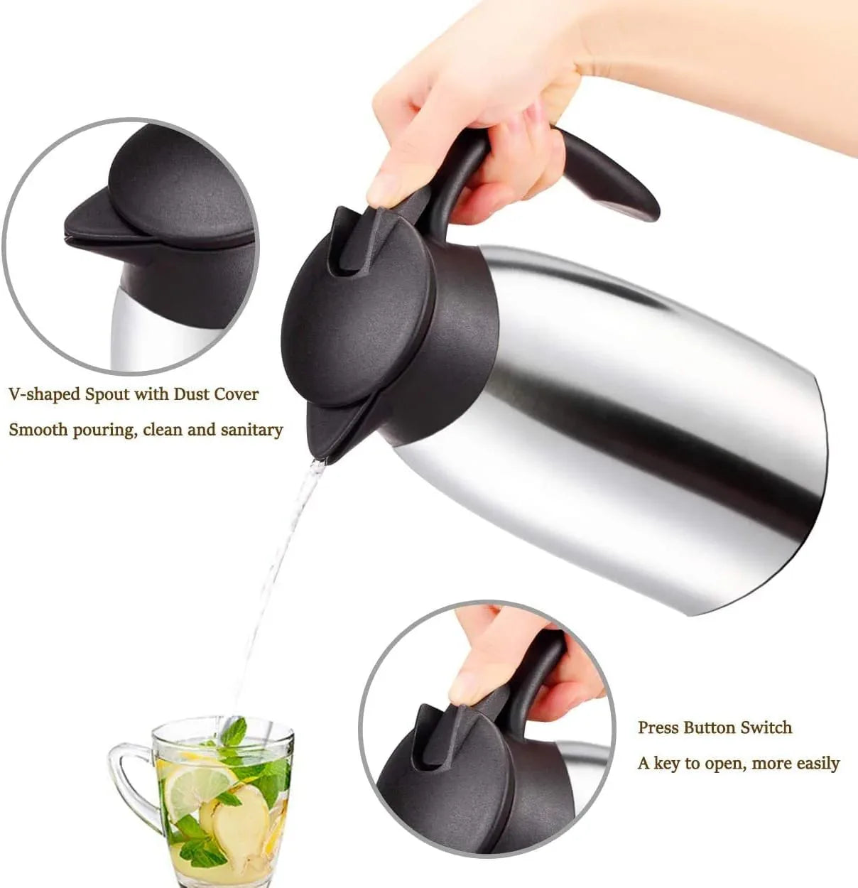 Webao 2 Liter Stainless Steel Thermos Kettle – Quick‑Tip Leak‑Proof Silver - Gomix Brands Outlet