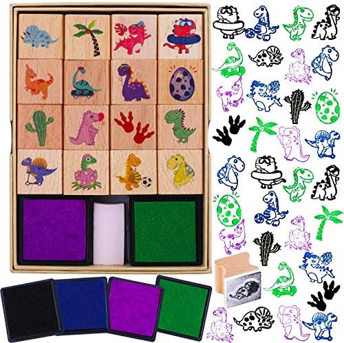 HOWAF 16-Piece Wooden Dinosaur Stamp Set with 4 Ink Pads for Kids