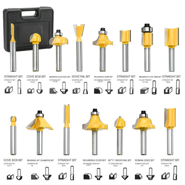 15-Piece Carbide Tipped Router Bit Set for Woodworking: Precision 1/4-inch Shank Tools