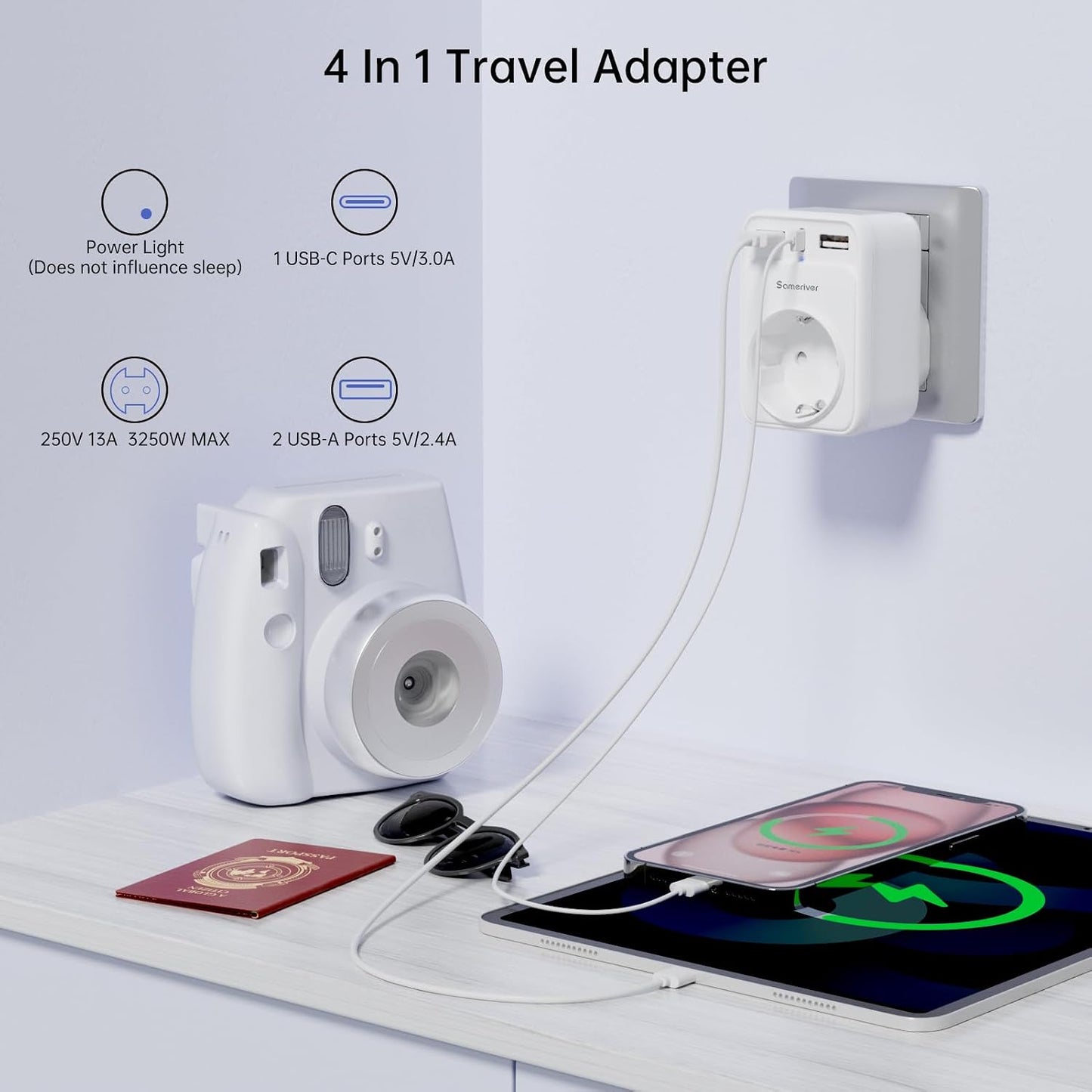 Sameriver Travel Adapter EU to India 4-in-1 Type D Plug with 2 USB-A and USB-C White