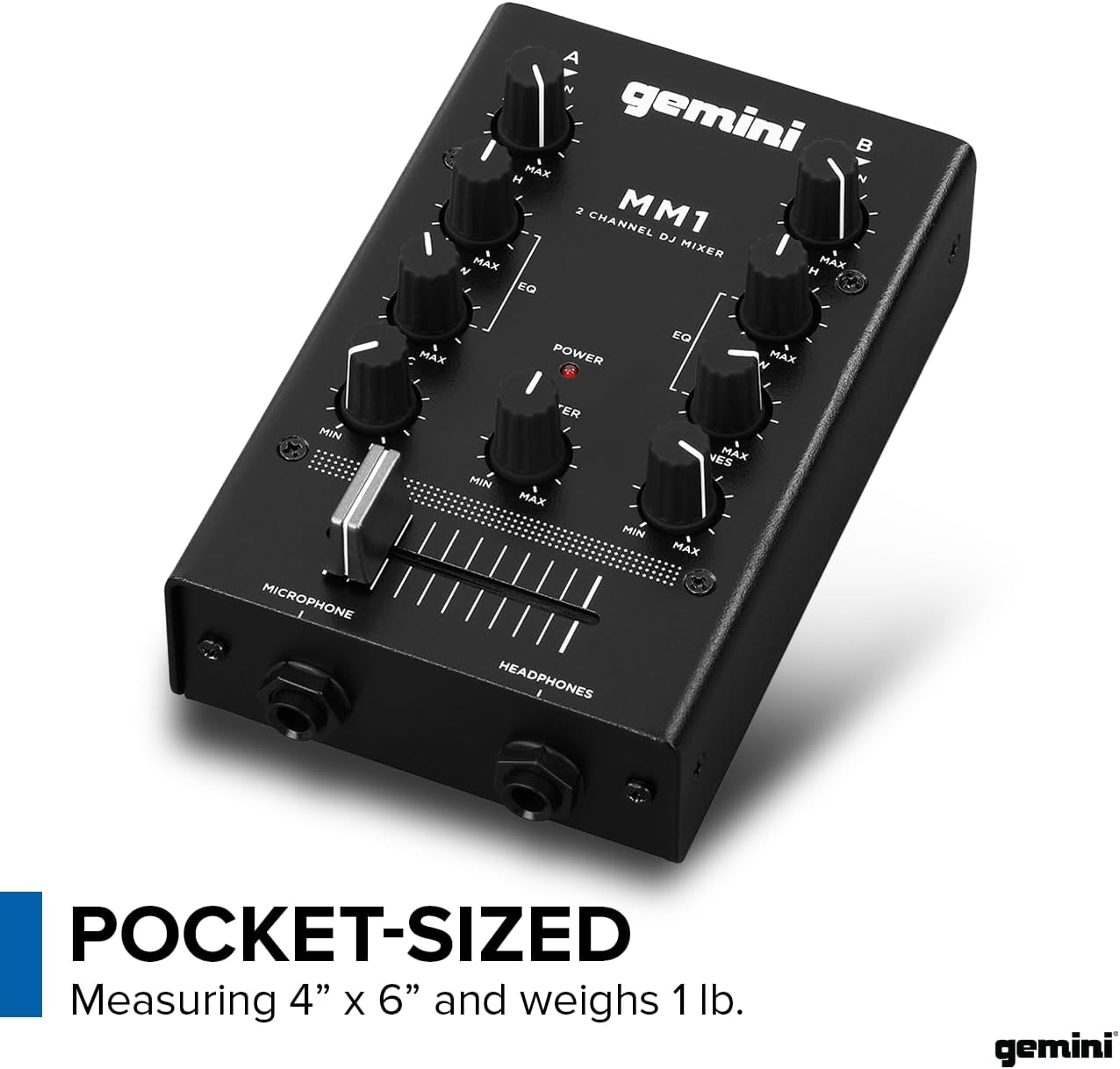 Gemini MM1 Portable 2‑Channel DJ Mixer with Pro Crossfader