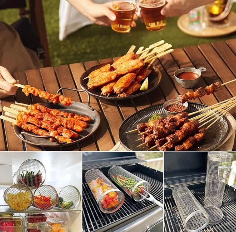 Stainless Steel Rolling Grill Basket for Outdoor Cooking, Multi-Functional
