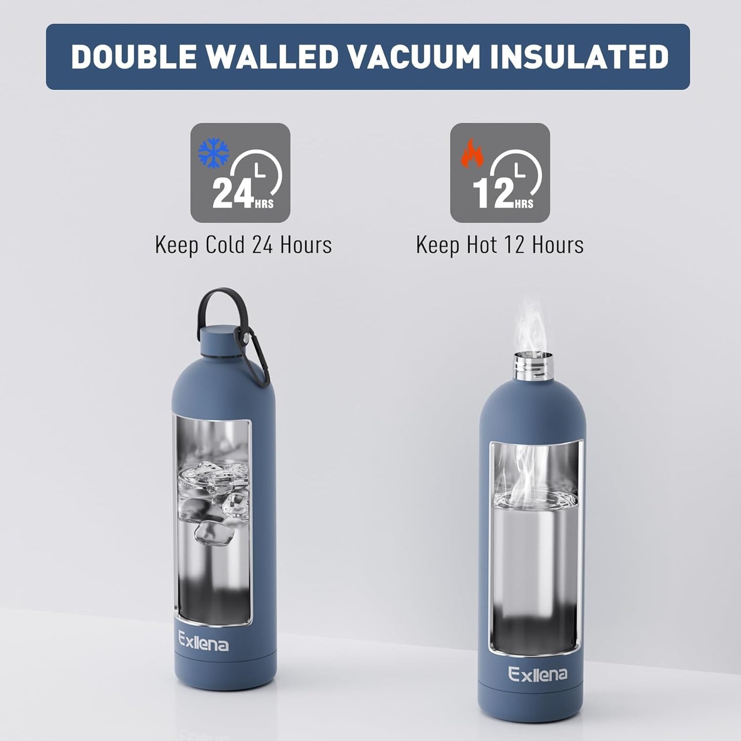 Exllena 1.5L Double-Wall Insulated Water Bottle with Carabiner
